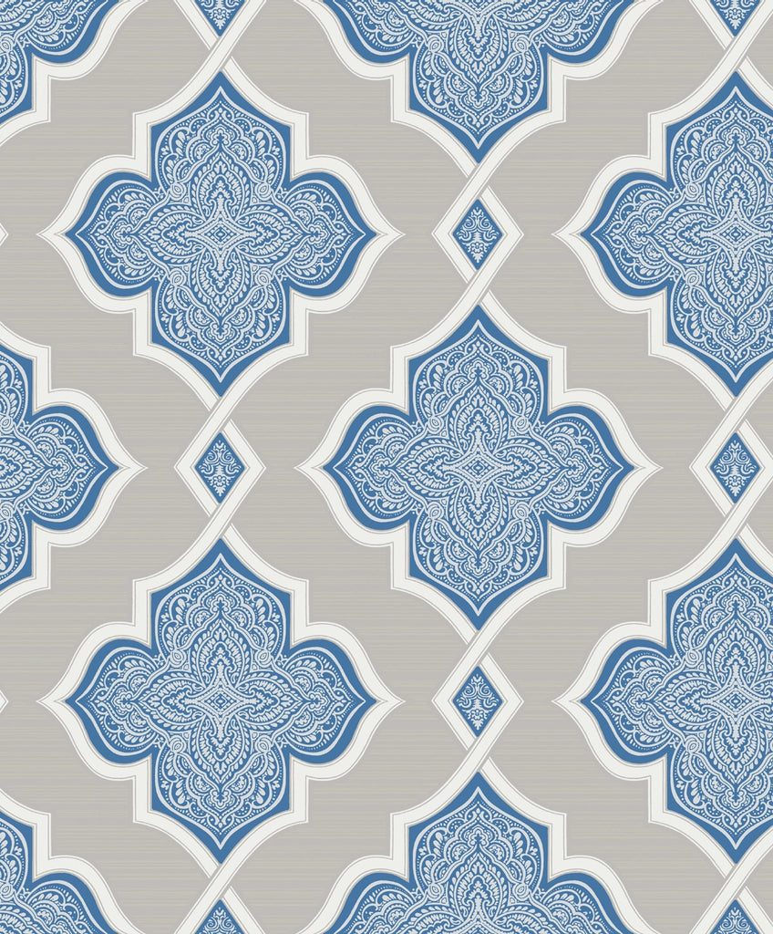 Malibu Trellis Wallpaper - Transitional Geometric - Silver, Blue, and Glitter | Malibu Wallpaper
