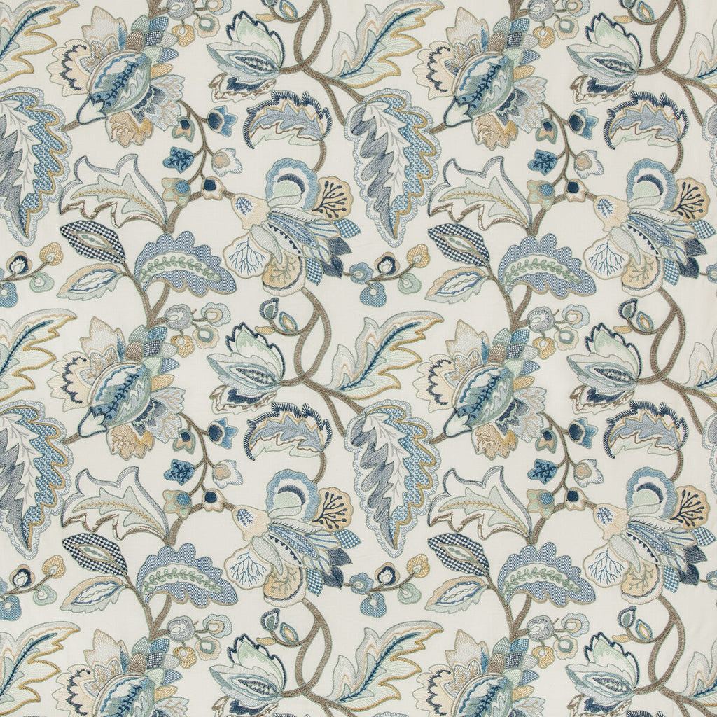 Samples and Purchasing available for Orford Embroidery - Blue/Gold Multi By Lee Jofa | Manor House |Botanical & Floral Jacobeans Multipurpose Embroidery at Designer Wallcoverings and Fabrics