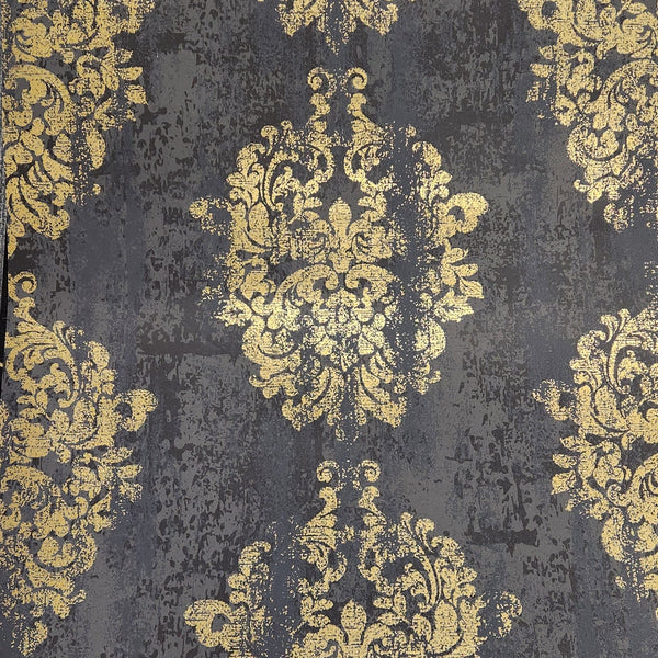 Gold Damask on Black Marble Wallcovering