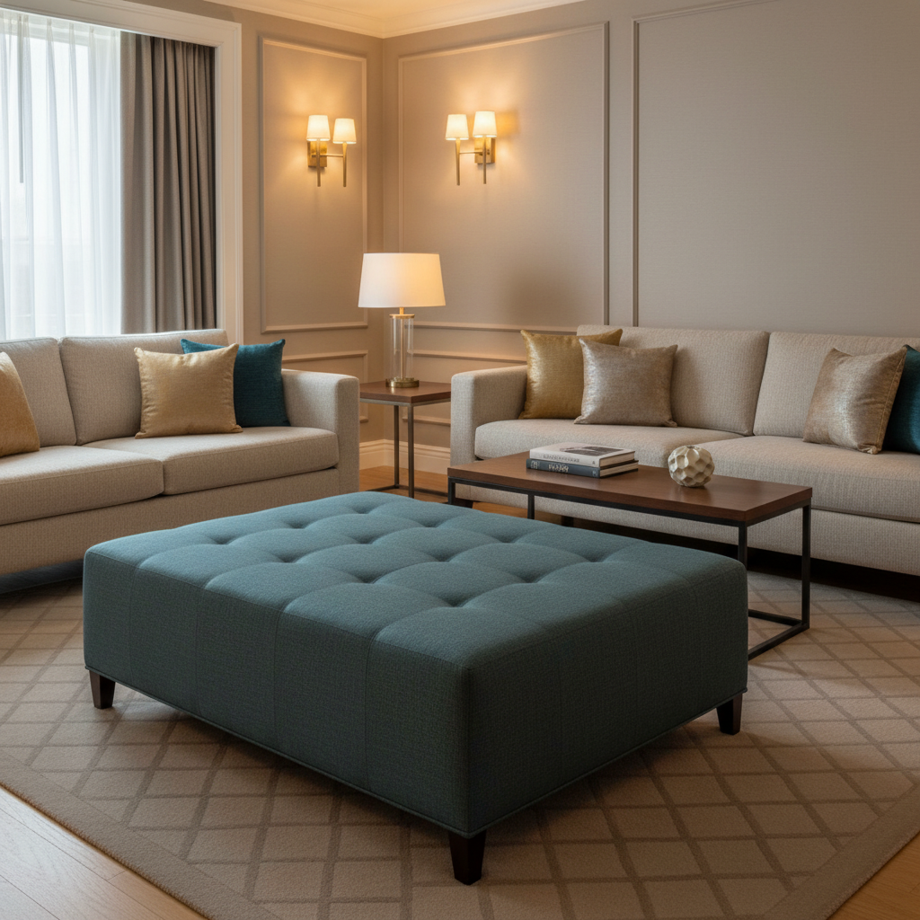 Fine Woven Texture Deep Teal Upholstered Ottoman | Architectural Fabrics