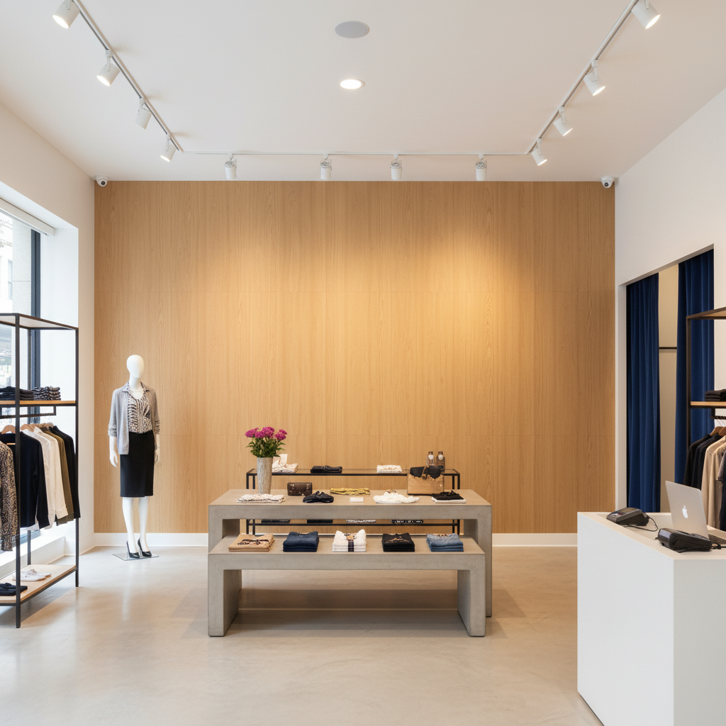 Biscay Bay Caramel Wood Grain | Hollywood Wallcoverings - Retail Showroom commercial room setting