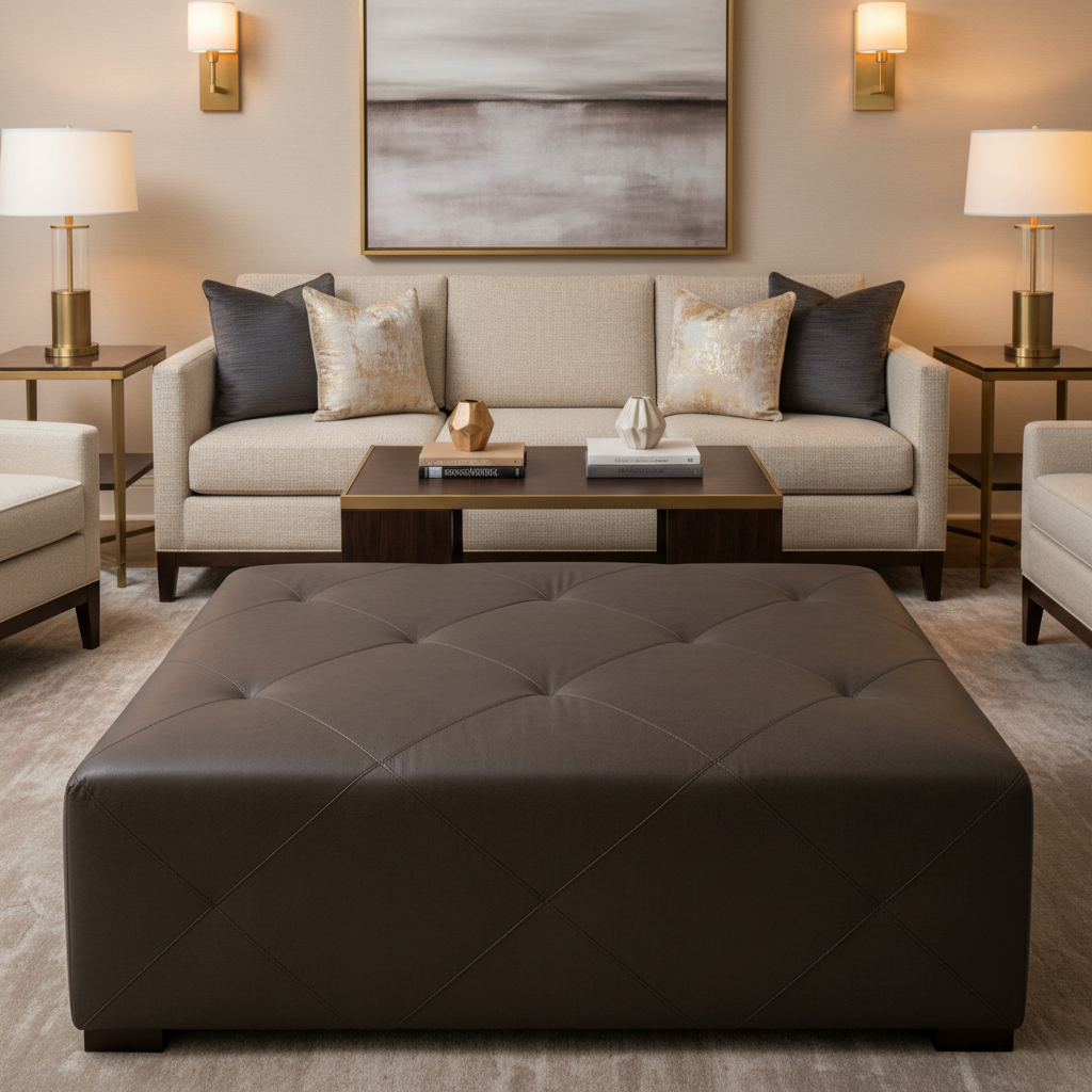 Fine Leather Grain Dark Chocolate Upholstered Ottoman | Architectural Fabrics