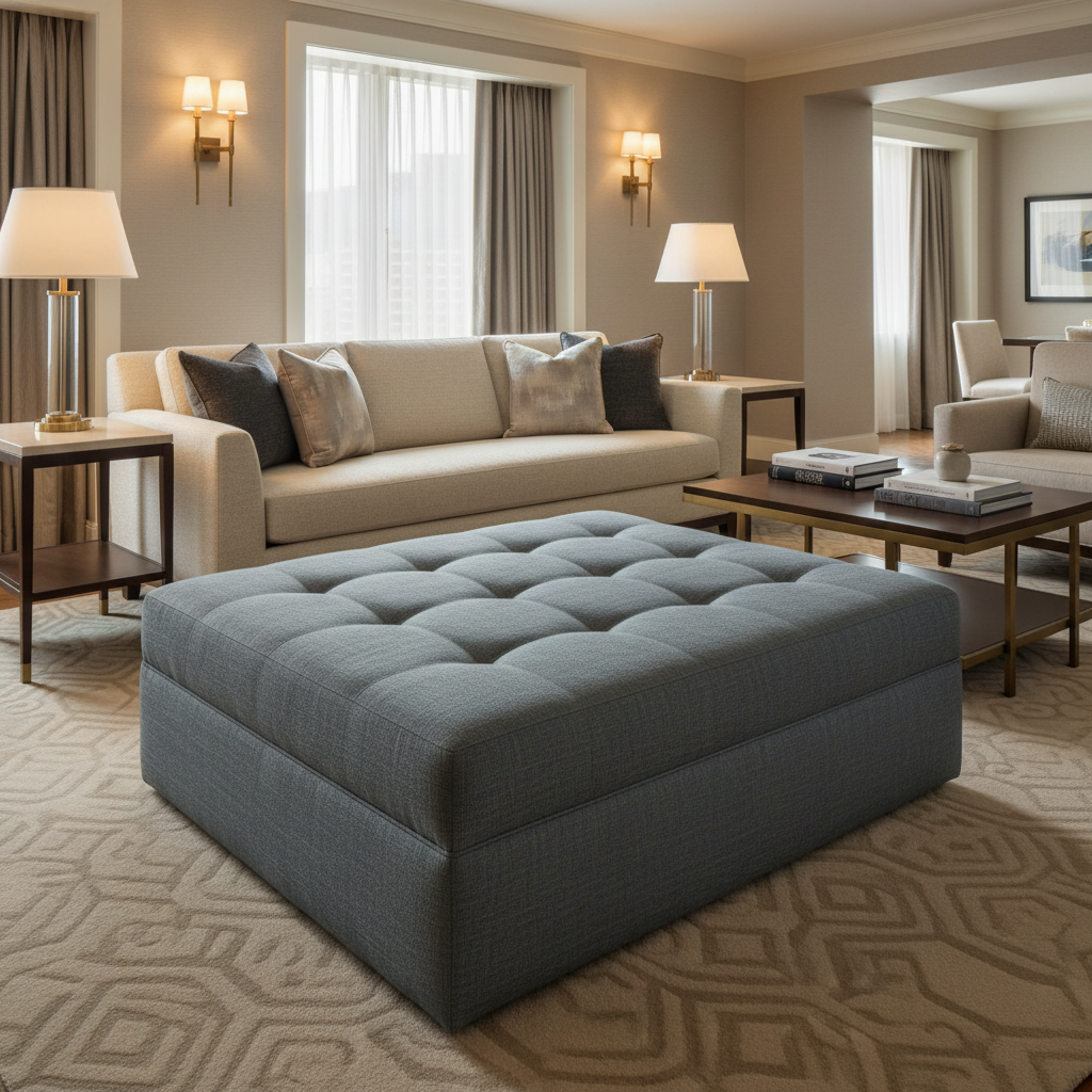 Linen Weave Texture Slate Gray Upholstered Ottoman | Architectural Fabrics