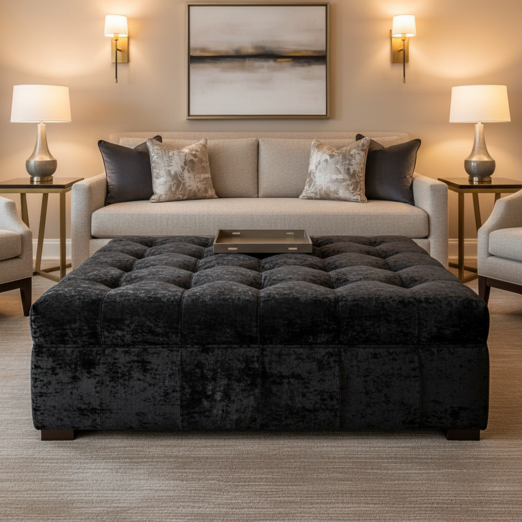 Crushed Velvet Texture Midnight Shadow Upholstered Ottoman | Architectural Fabrics