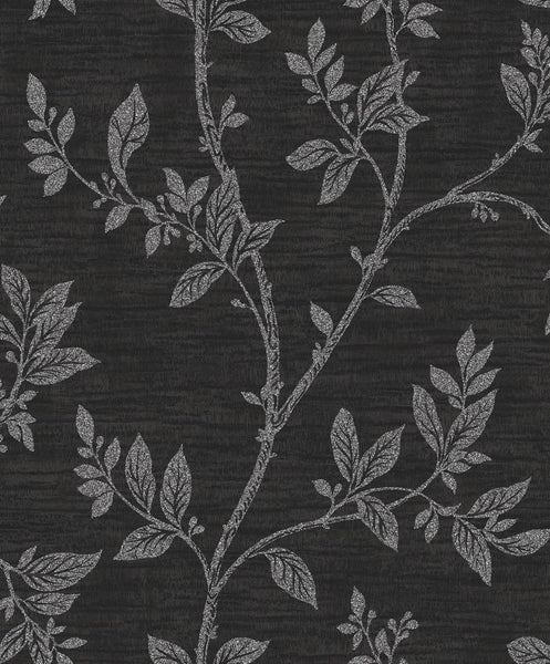 Fentucci Leaf Trail Wallpaper - Contemporary Botanical - Metallic Ebony & Glass Beads | Fentucci