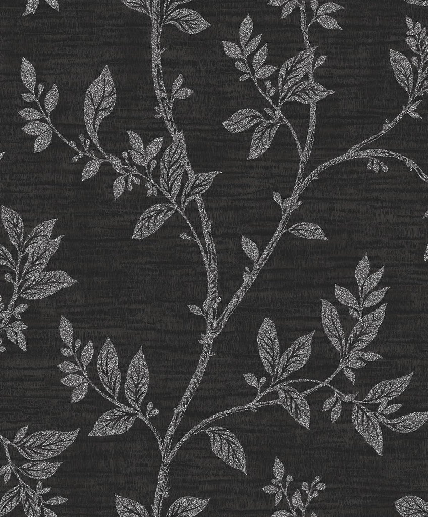 Fentucci Leaf Trail Wallpaper - Contemporary Botanical - Metallic Ebony & Glass Beads | Fentucci