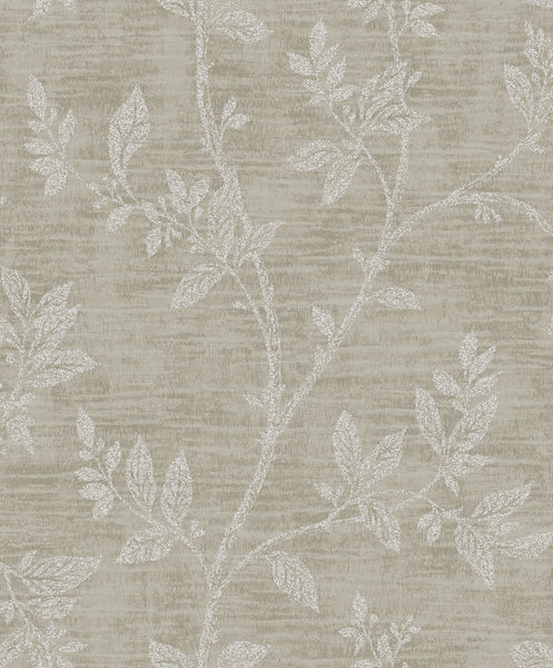 Fentucci Leaf Trail Wallpaper - Contemporary Botanical - Metallic Taupe & Glass Beads | Fentucci