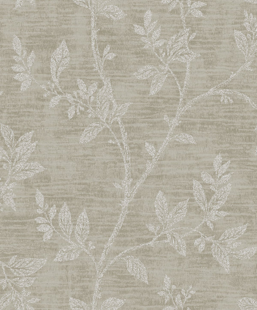 Fentucci Leaf Trail Wallpaper - Contemporary Botanical - Metallic Taupe & Glass Beads | Fentucci