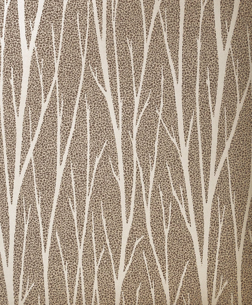 Malibu Birch Trail Wallpaper - Contemporary Botanical - Metallic Champagne & Copper Glitter | Malibu Wallpaper