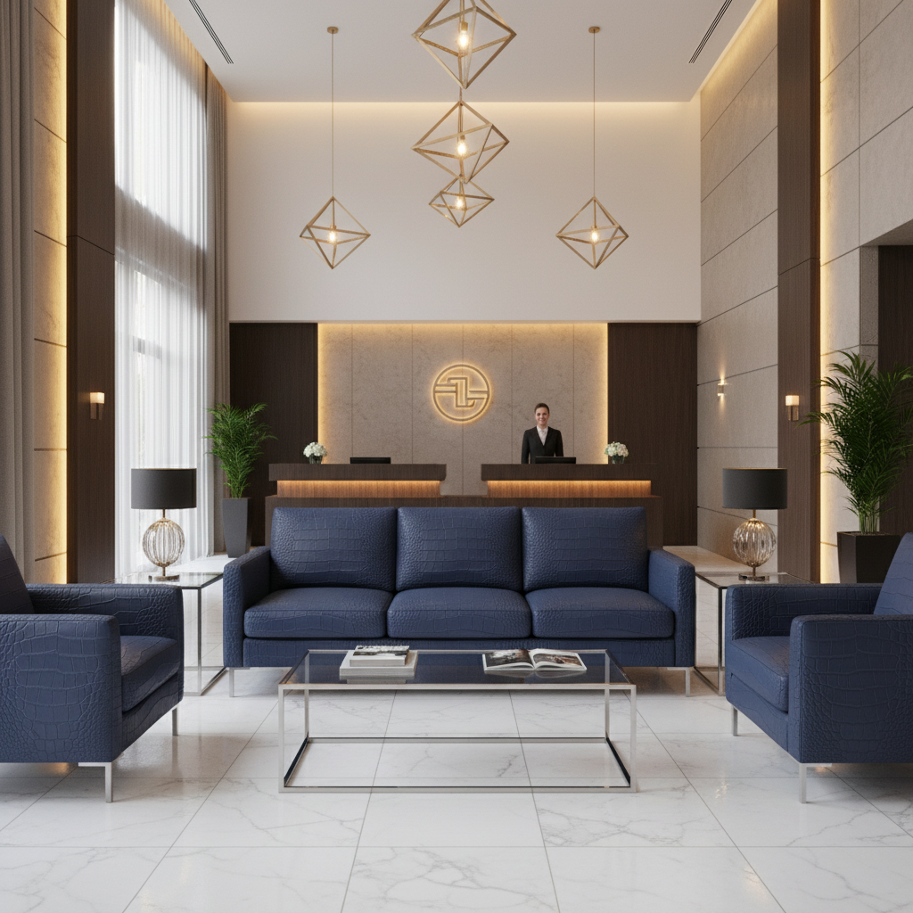 Embossed Reptile Scale Deep Indigo Upholstered Sofa | Architectural Fabrics