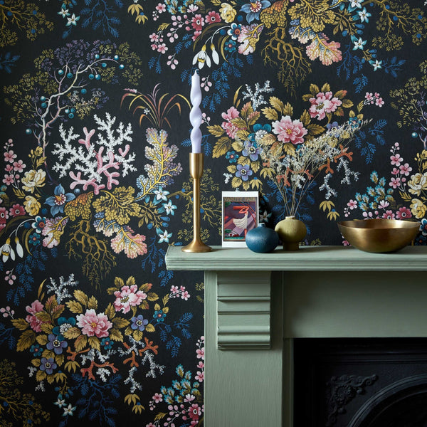 V&a Kilburn's Coral - Midnight Black Wallcovering | 1838 Wallcoverings