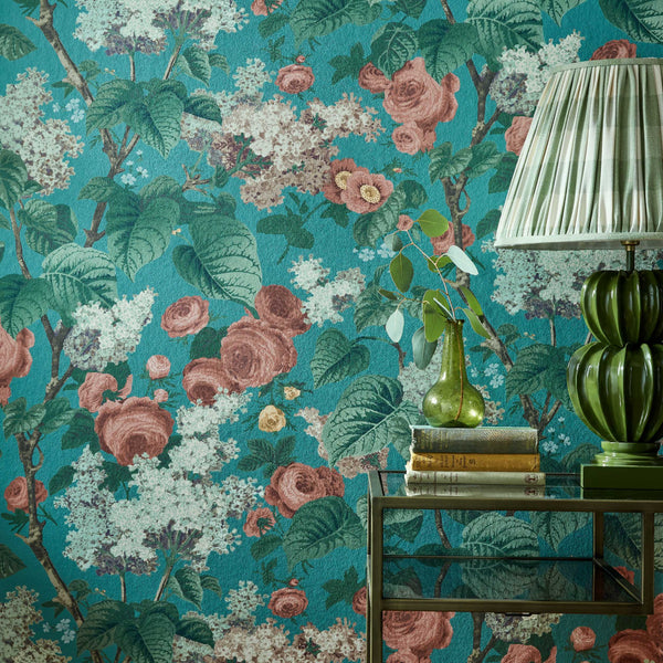 V&a Floribunda - Teal Wallcovering | 1838 Wallcoverings