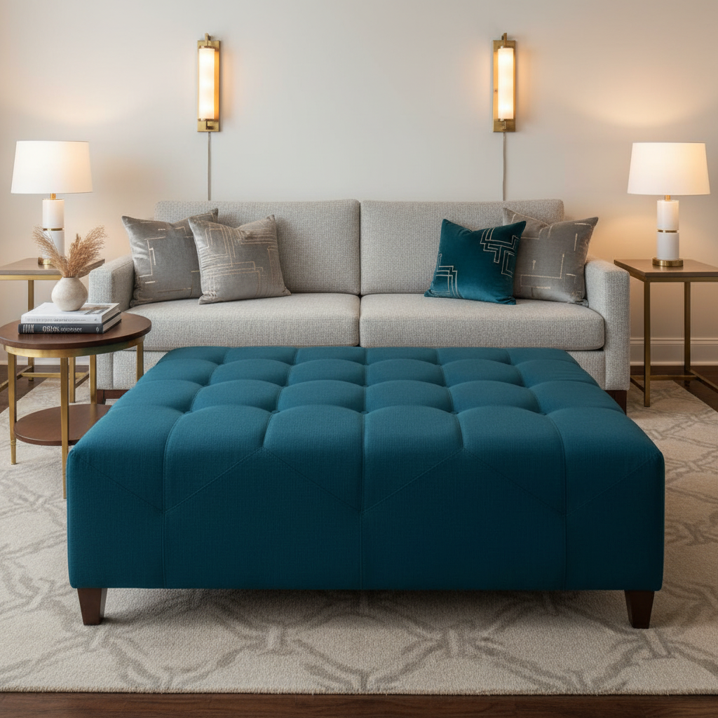 Subtle Velvet Texture Deep Teal Upholstered Ottoman | Architectural Fabrics