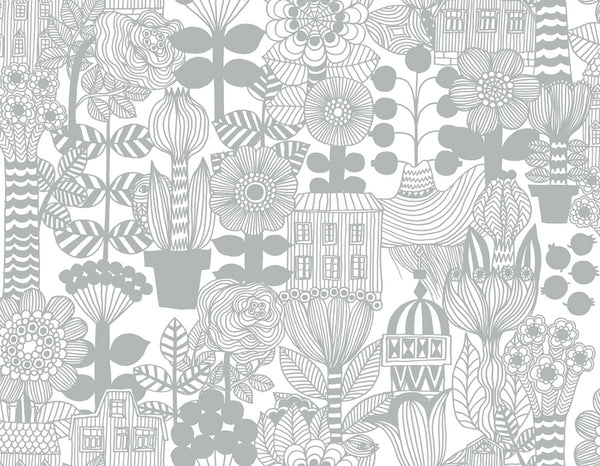Malibu Lintukoto Wallpaper - Contemporary Illustration - Gray and Off-White | Malibu Wallpaper