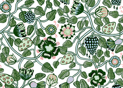 Pieni Tiara Contemporary Illustration - Emerald, Jade, and Light Blue | Architectural Wallcoverings