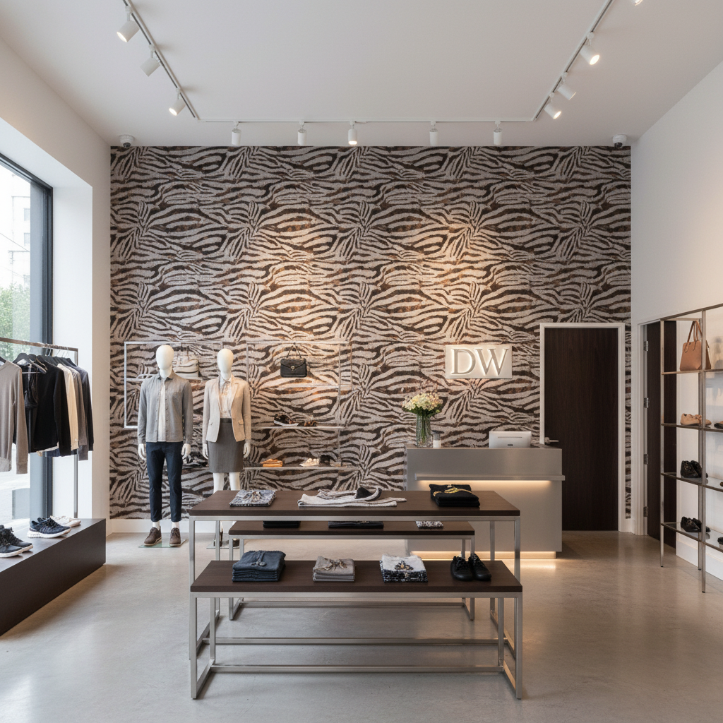 Labasa Taupe Zebra | Hollywood Wallcoverings - Retail Showroom commercial room setting