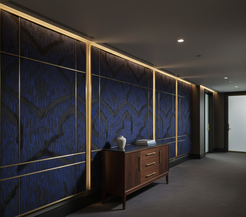 BARRYMORE - Midnight Indigo Decorative Sheer Upholstered Wall Panel | Architectural Fabrics