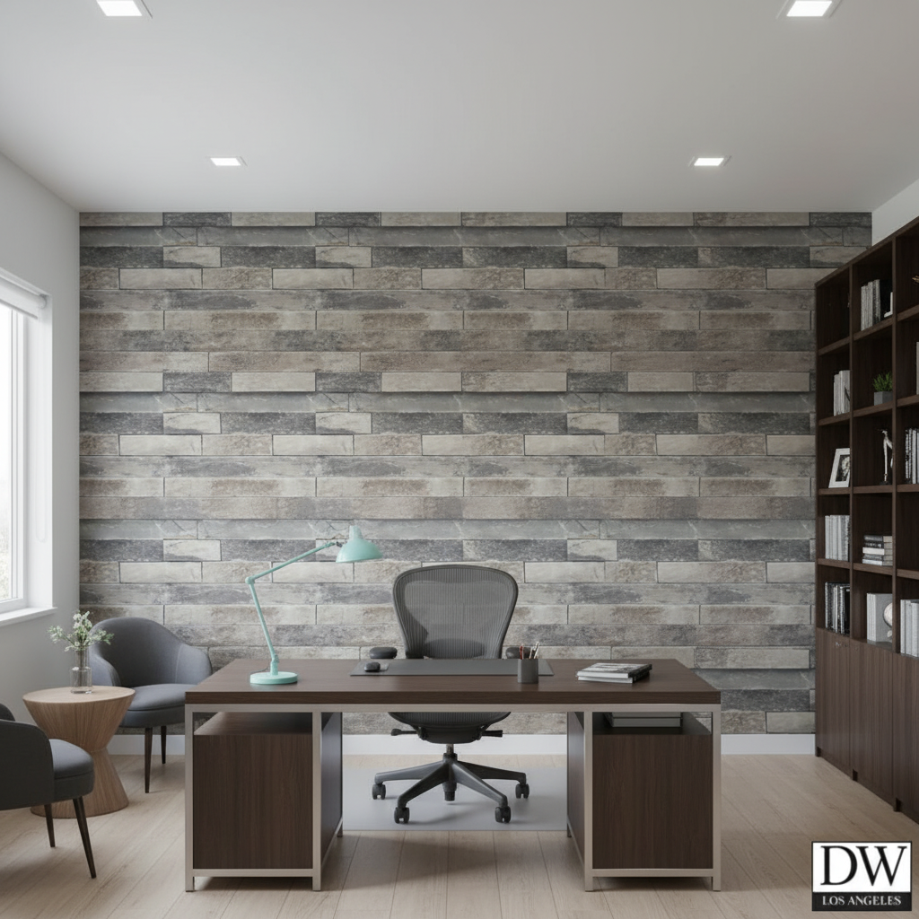 Vomera Aged Travertine Faux Tile | Hollywood Wallcoverings - Corporate Office commercial room setting