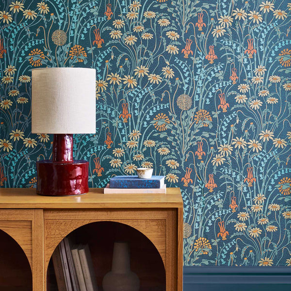V&a Flower Meadow - Prussian - Blue Wallcovering | 1838 Wallcoverings