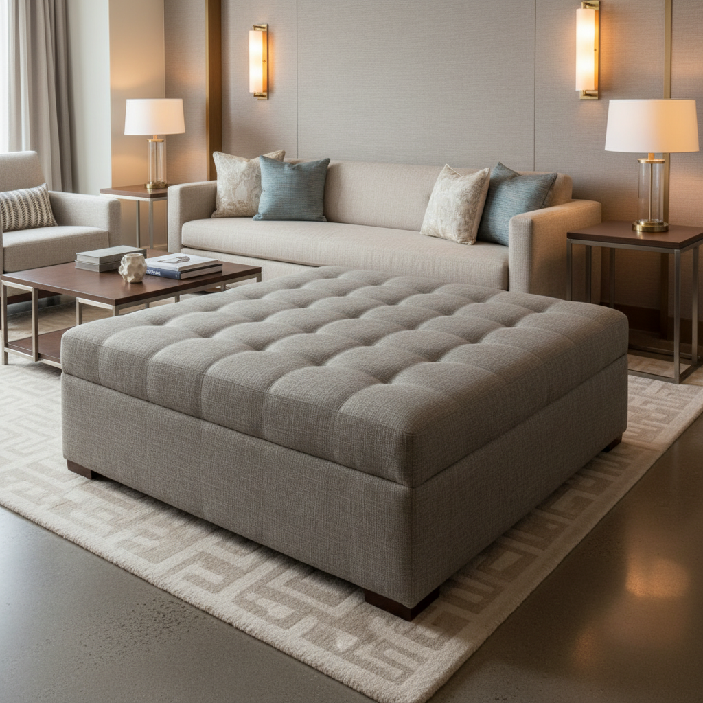 Woven Linen Texture Silver Taupe Upholstered Ottoman | Architectural Fabrics