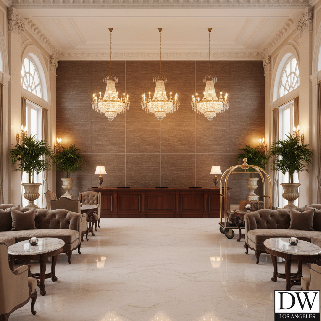 Marseilles Vinyl | Hollywood Wallcoverings - Hotel Lobby commercial room setting