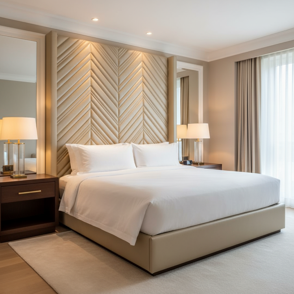 Channel Stitched Chevron Pale Gold Upholstered Headboard | Architectural Fabrics