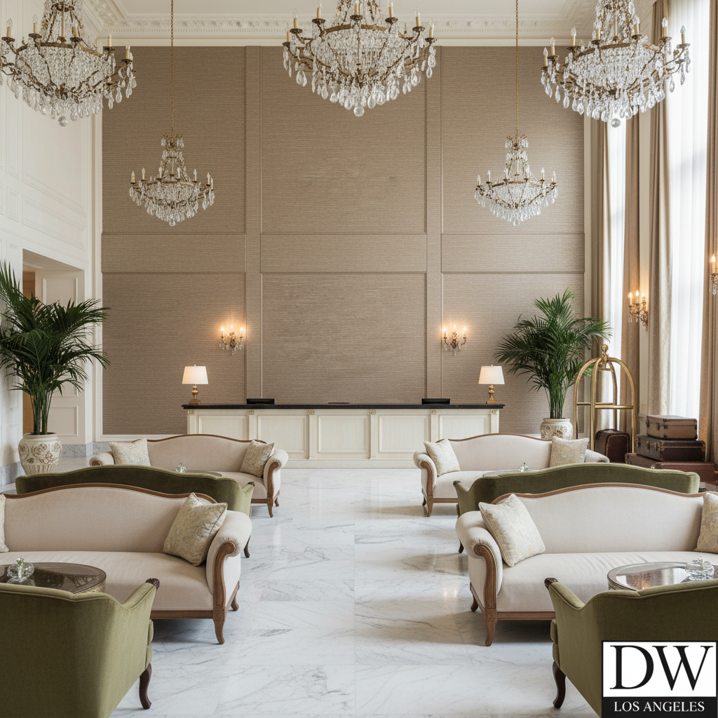 Marseilles Vinyl | Hollywood Wallcoverings - Hotel Lobby commercial room setting