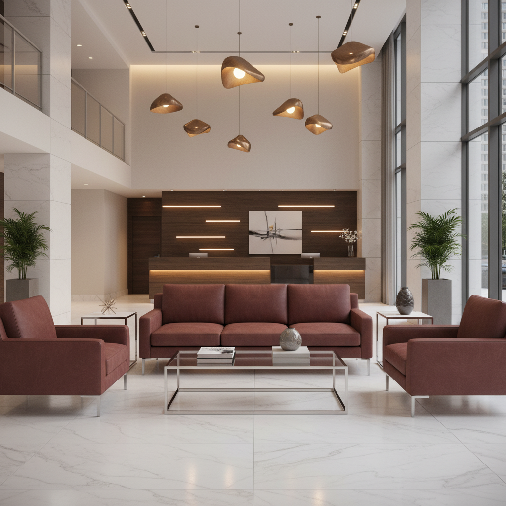 Smooth Leather Grain Rustic Burgundy Upholstered Sofa | Architectural Fabrics