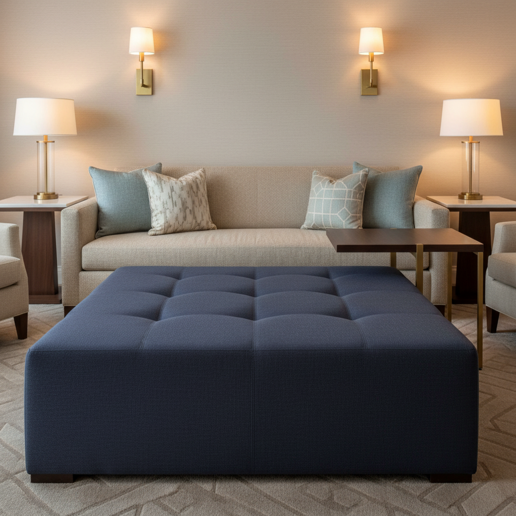 Subtle Velvet Texture Deep Indigo Upholstered Ottoman | Architectural Fabrics