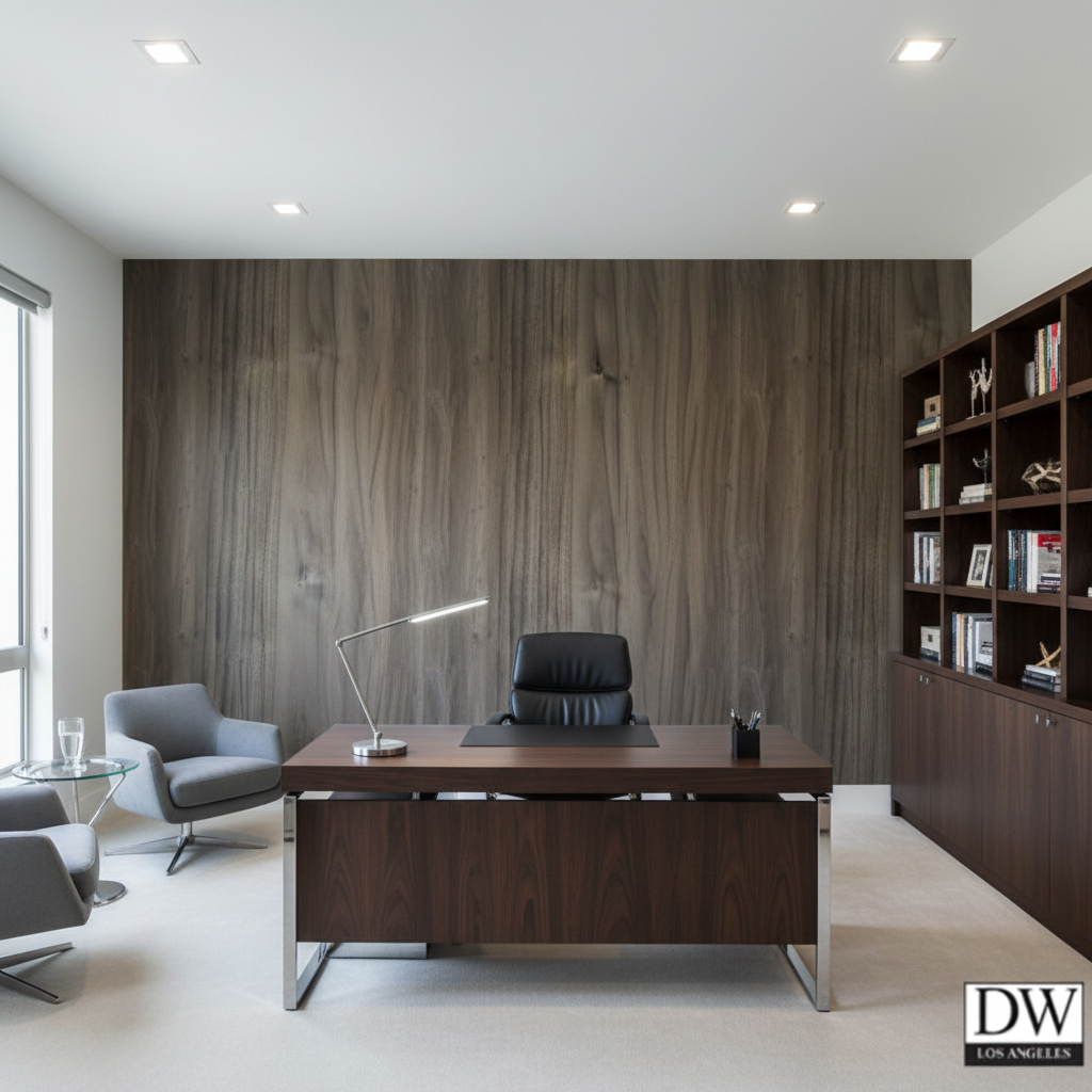 Biscay Bay Black Wood Grain | Hollywood Wallcoverings - Corporate Office commercial room setting