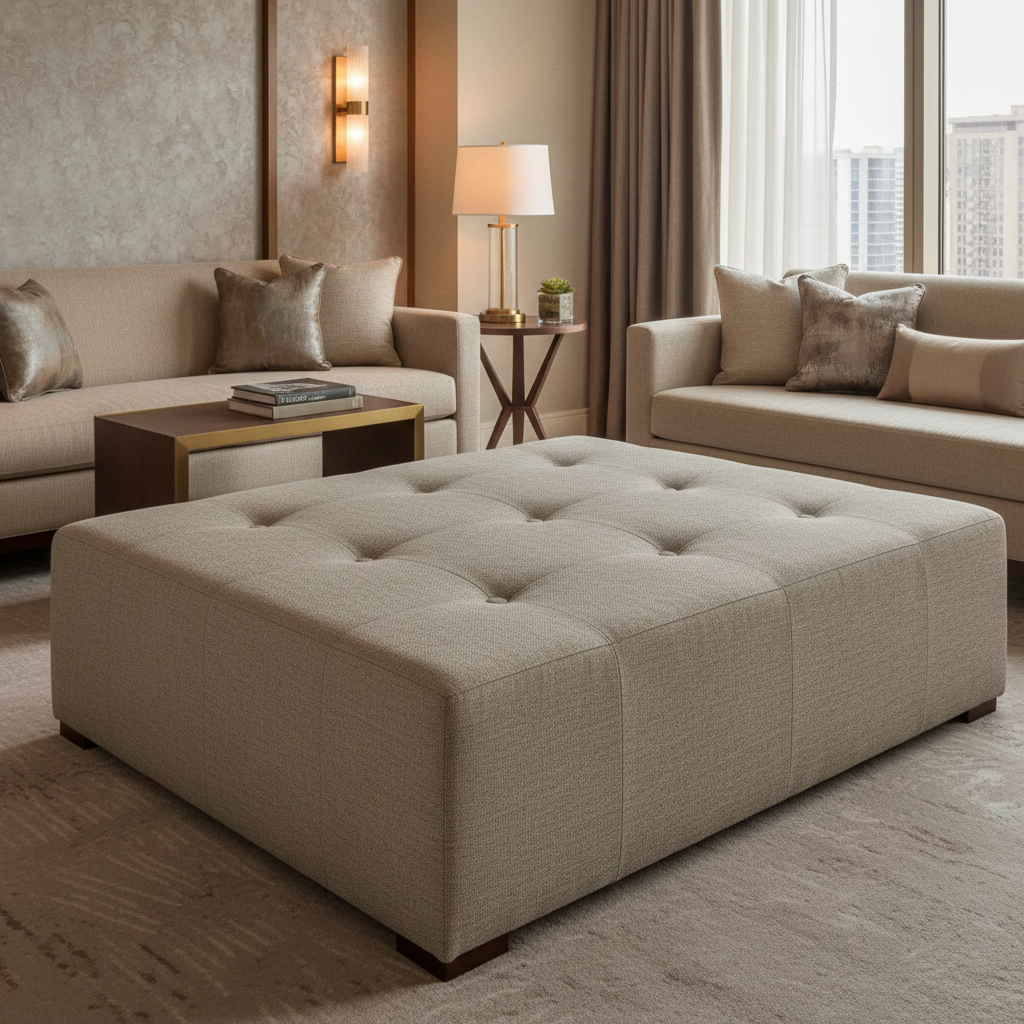Woven Crosshatch Texture Neutral Taupe Upholstered Ottoman | Architectural Fabrics