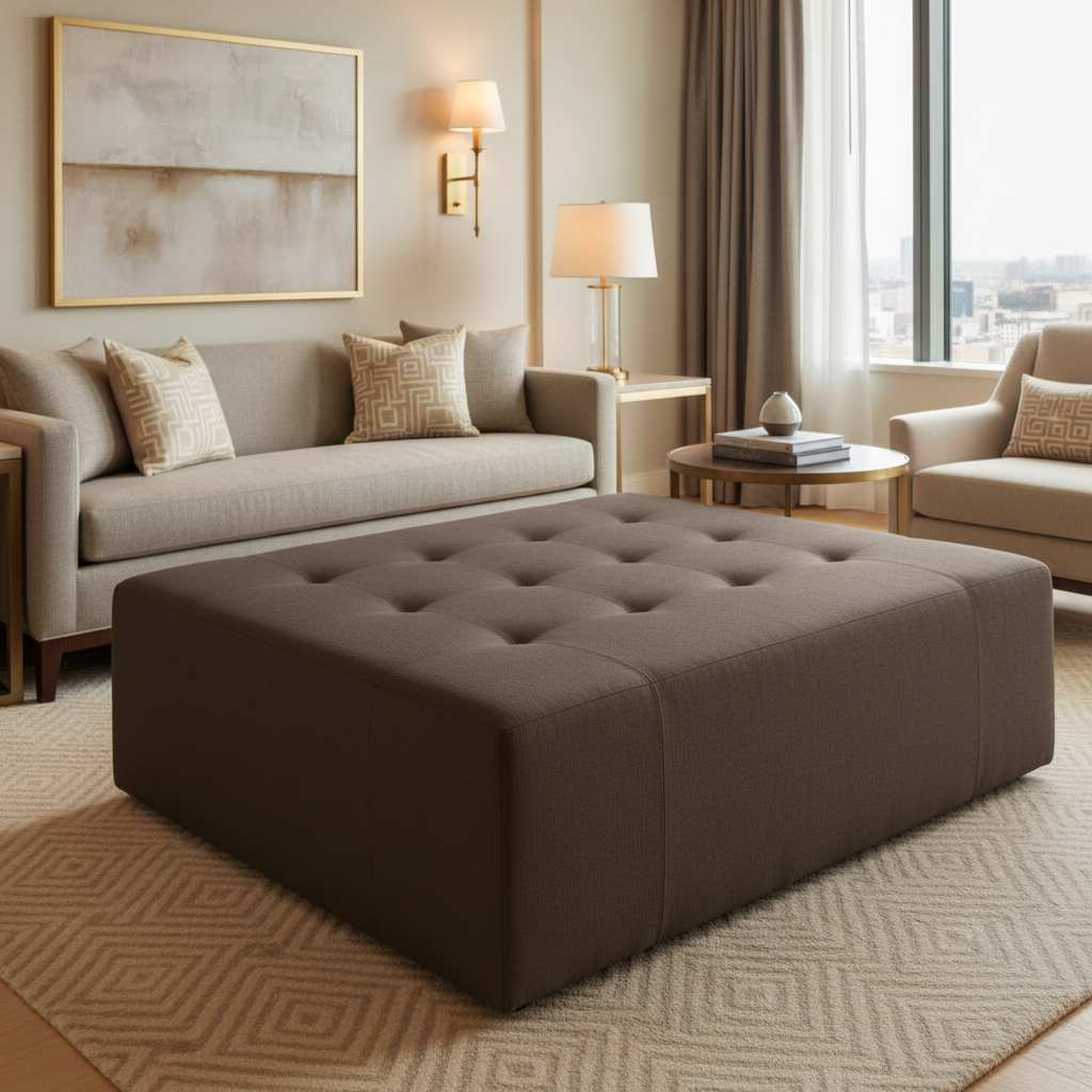 Subtle Linen Weave Dark Chocolate Upholstered Ottoman | Architectural Fabrics