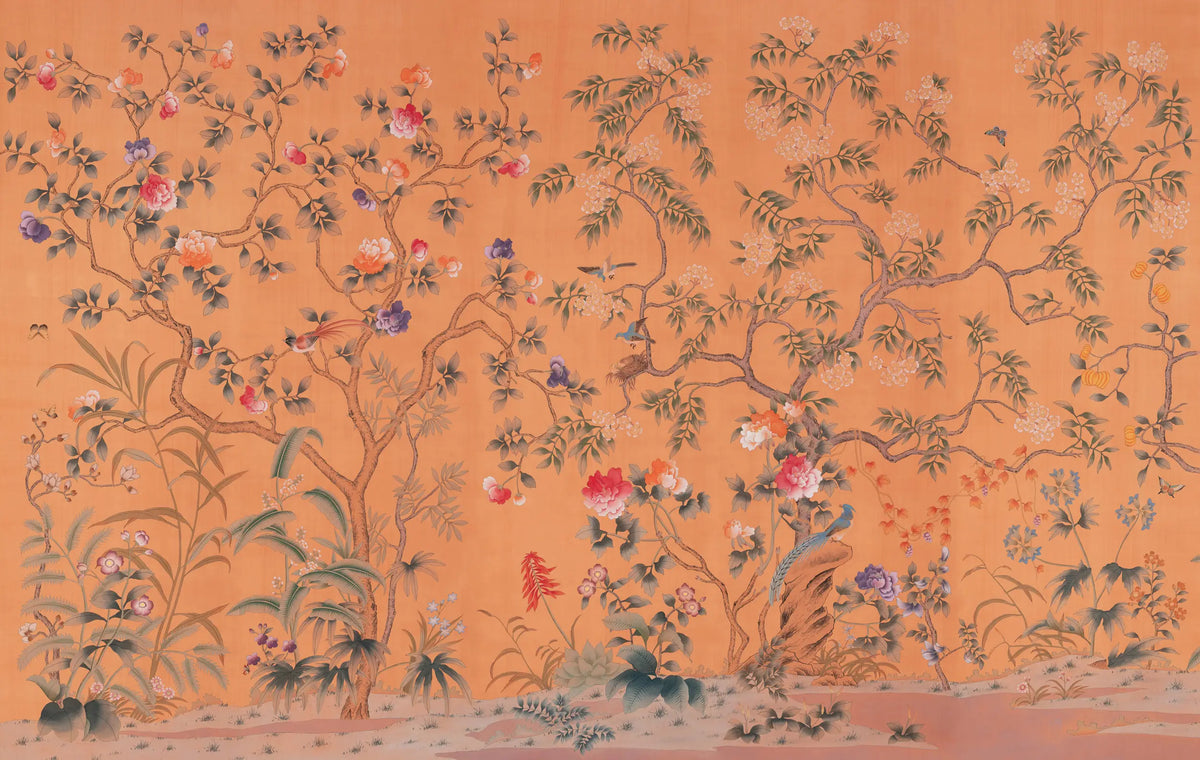 Jardin Chinois — Standard colourway on Shell Pink painted silk