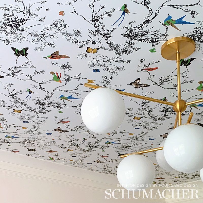 Birds & Butterflies Multi On White Room Setting | Schumacher Wallpaper