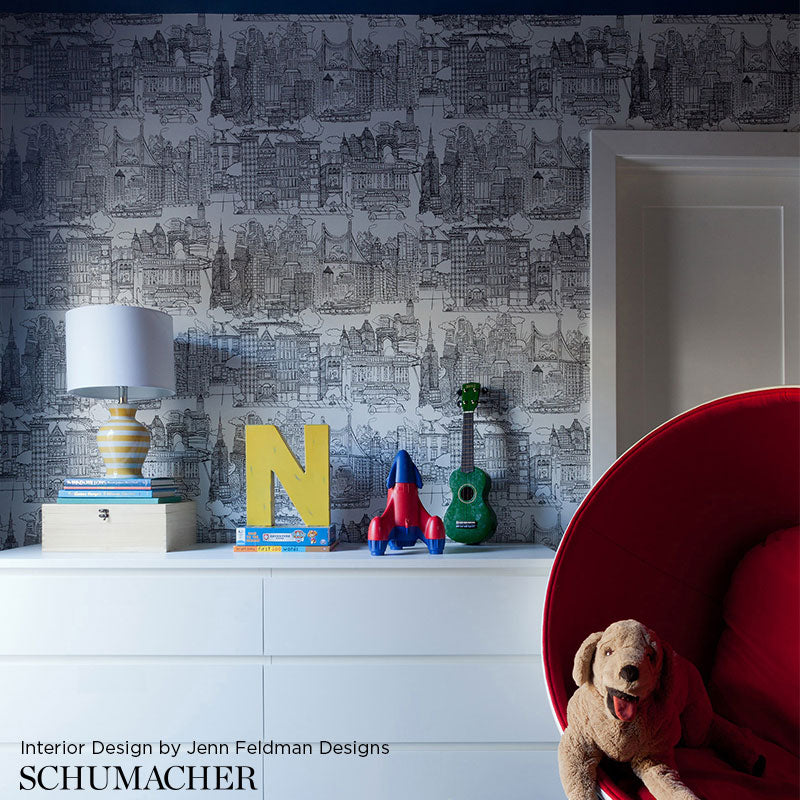 New York New York Black On White Room Setting | Schumacher Wallpaper