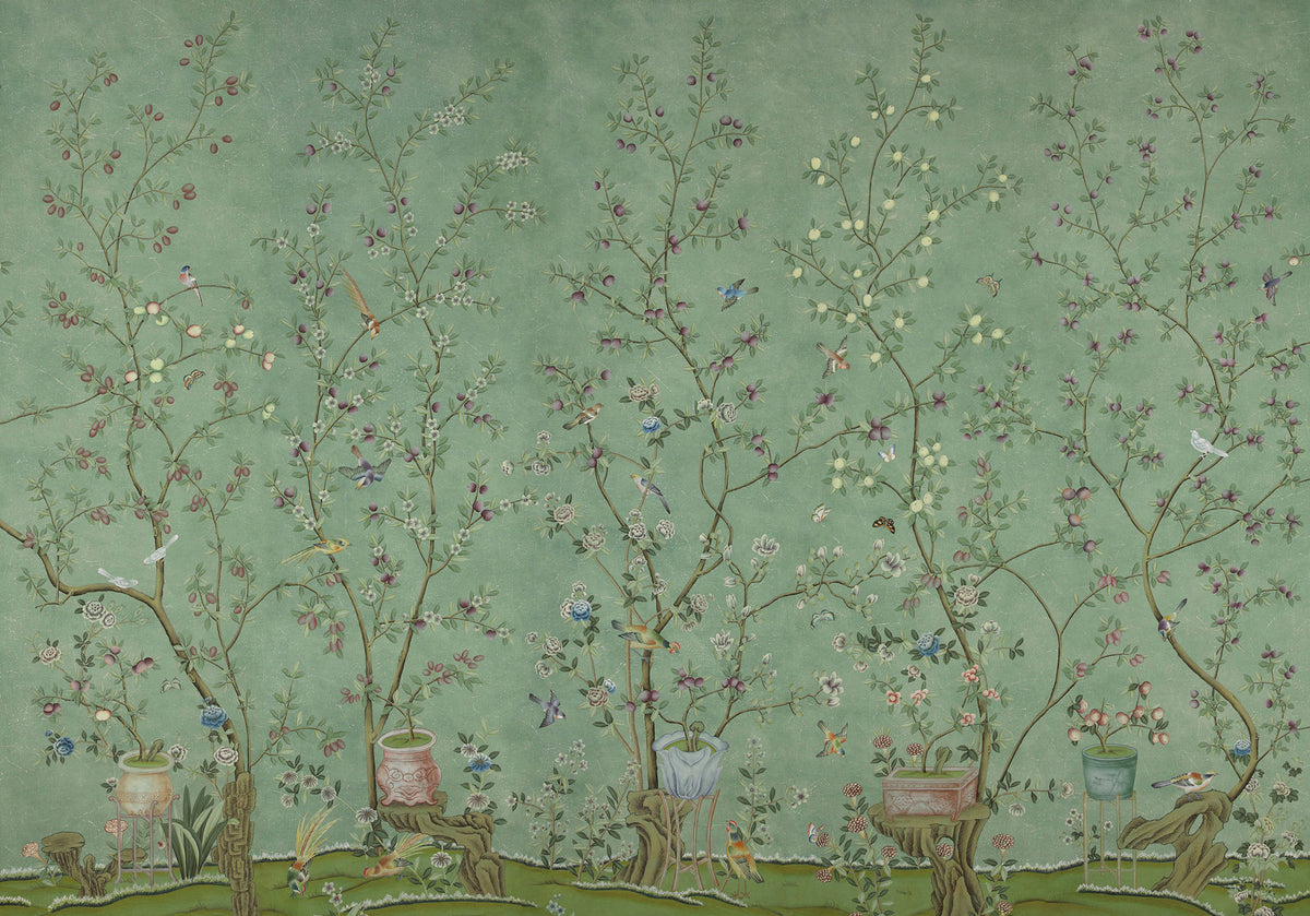 Jardinières & Citrus Trees — Colourway SC-296 on Edo Turquoise painted Xuan paper