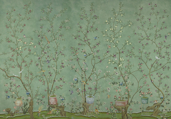 Jardinières & Citrus Trees — Colourway SC-296 on Edo Turquoise painted Xuan paper