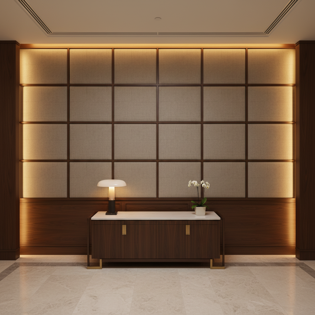 Brushed Linen Weave Soft Taupe Upholstered Wall Panel | Architectural Fabrics