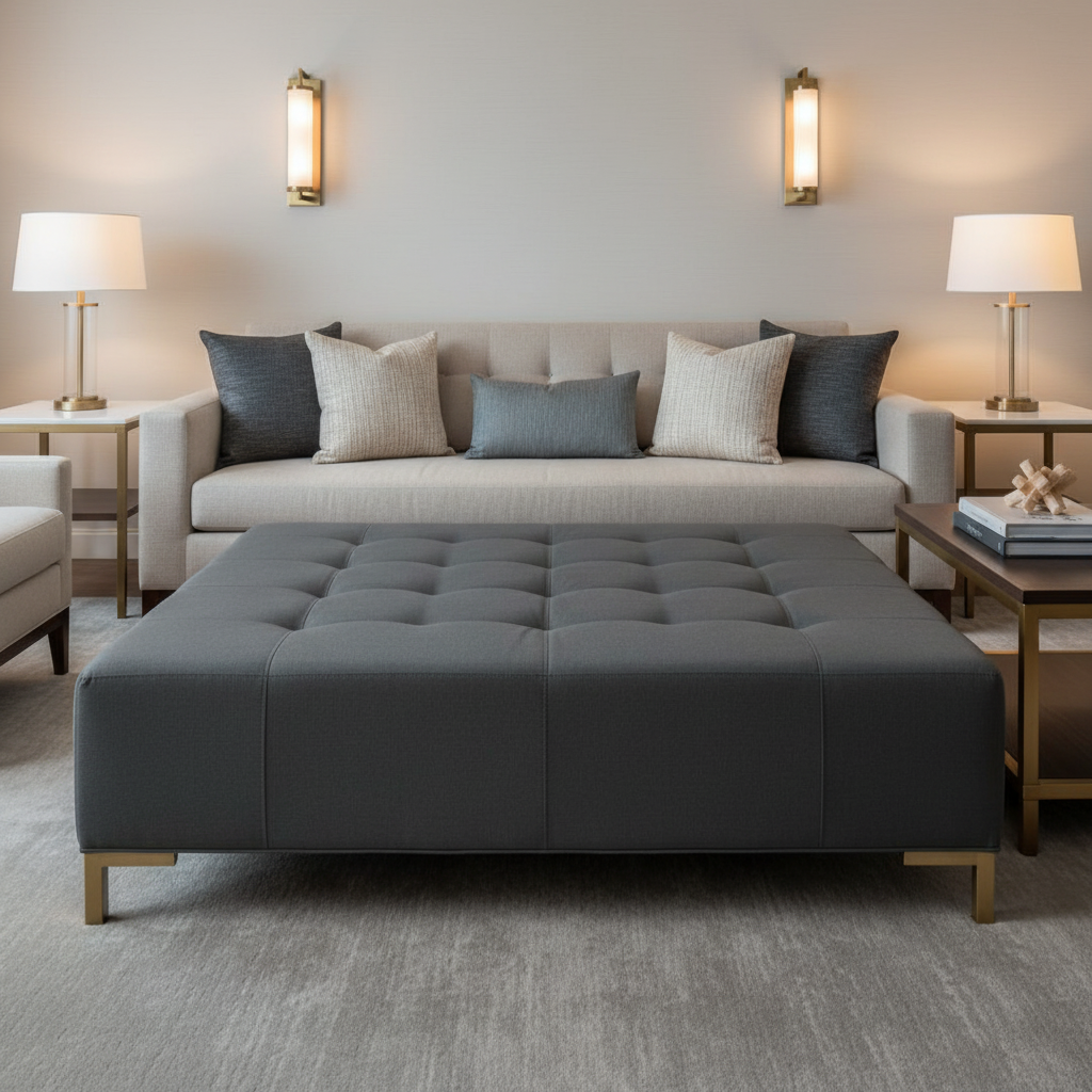 Smooth Solid Surface Deep Graphite Upholstered Ottoman | Architectural Fabrics