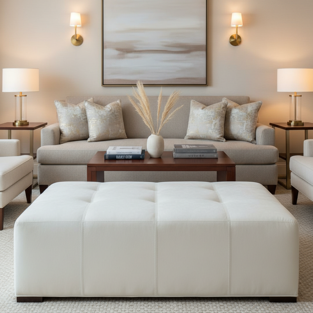 Ultrasuede Crystal - White Upholstered Ottoman | Ultrasuede Upholstery