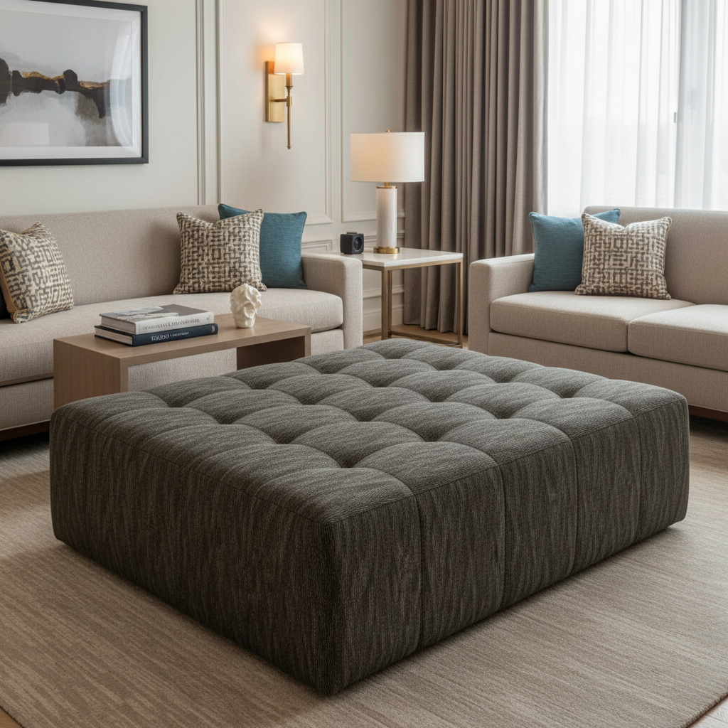 Woven Organic Texture Dark Graphite Upholstered Ottoman | Architectural Fabrics
