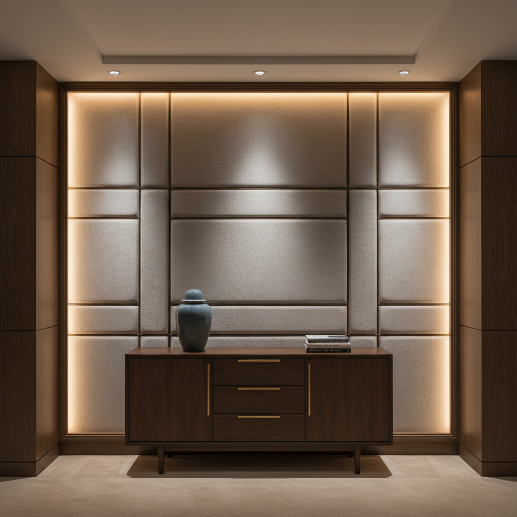 Subtle Textured Grain Soft Silver Upholstered Wall Panel | Architectural Fabrics