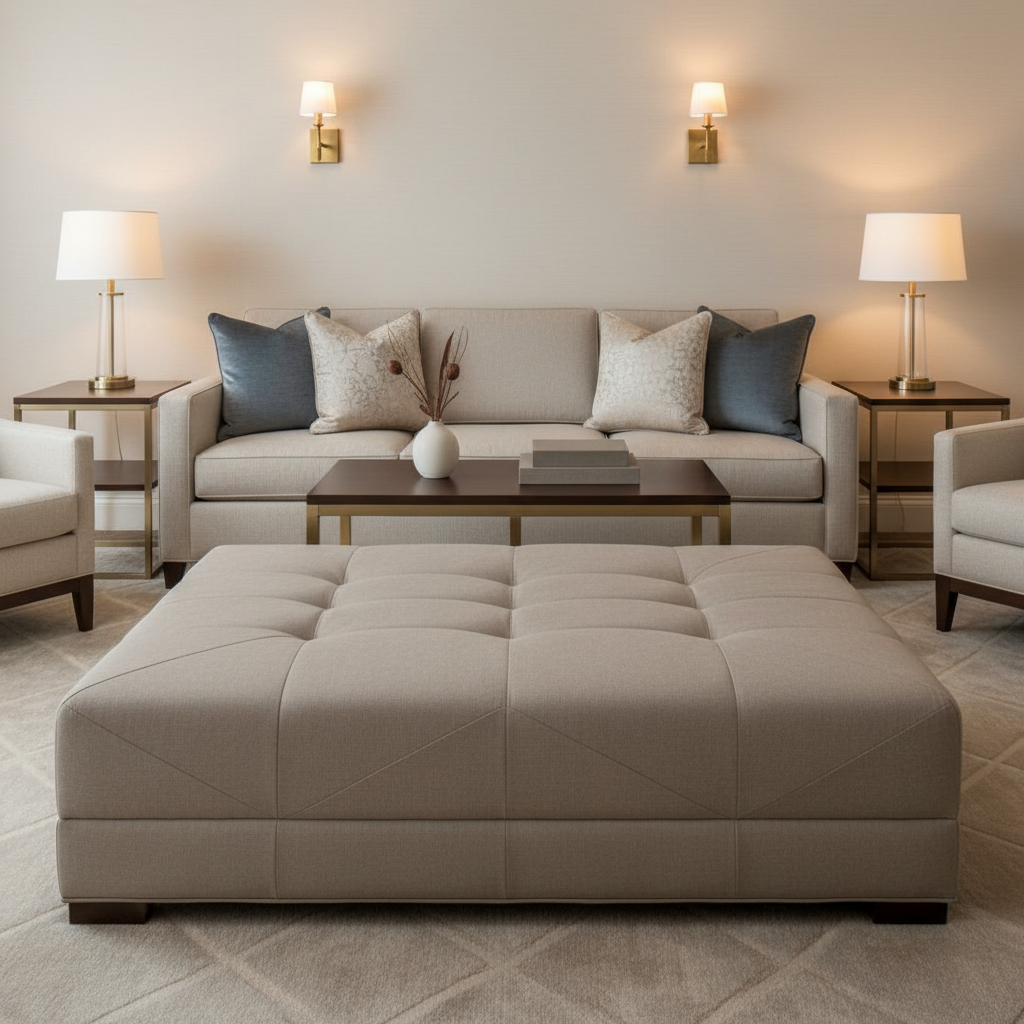 Fine Textured Weave Soft Taupe Upholstered Ottoman | Architectural Fabrics