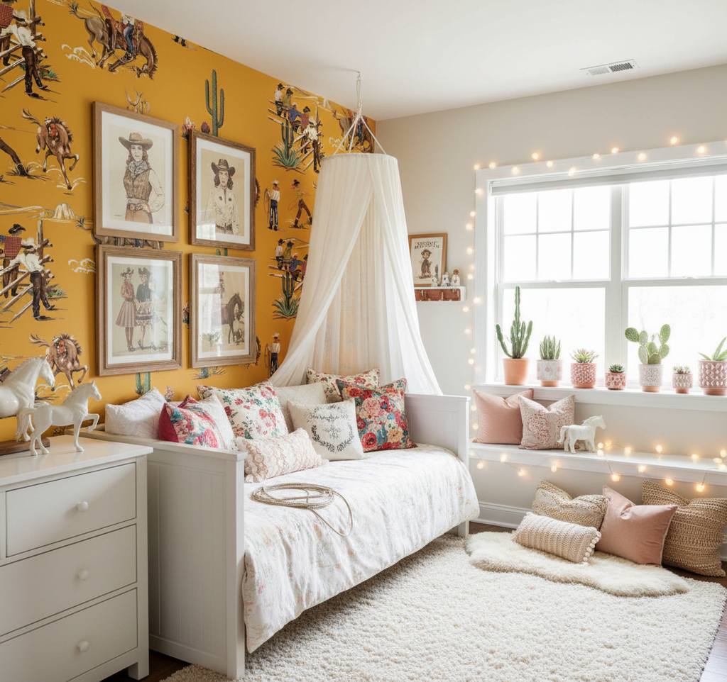 The Original Yeeha 1950's Cowboy - Mustard Mid-Century Modern | Architectural Wallcoverings - Girls Western Chic Bedroom Room Setting