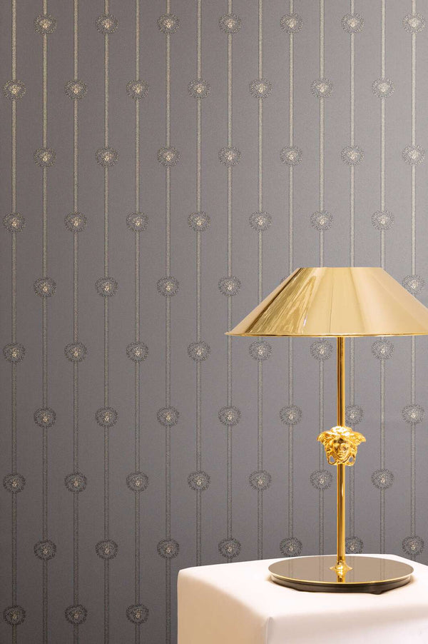Medusa Medallion Stripe Grey, Silver, Metallic Wallcovering | Versace