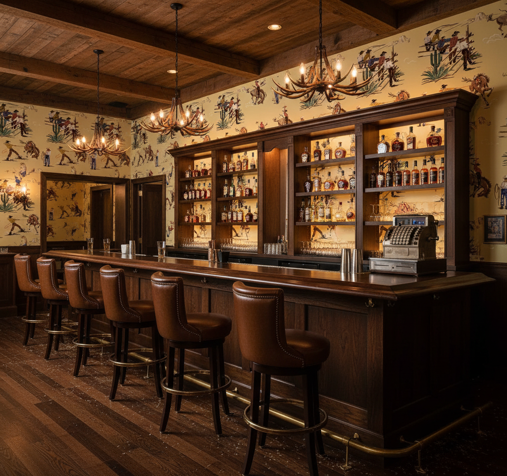The Original Yeeha 1950's Cowboy - Yellow Retro | Architectural Wallcoverings - Western Bar Room Setting