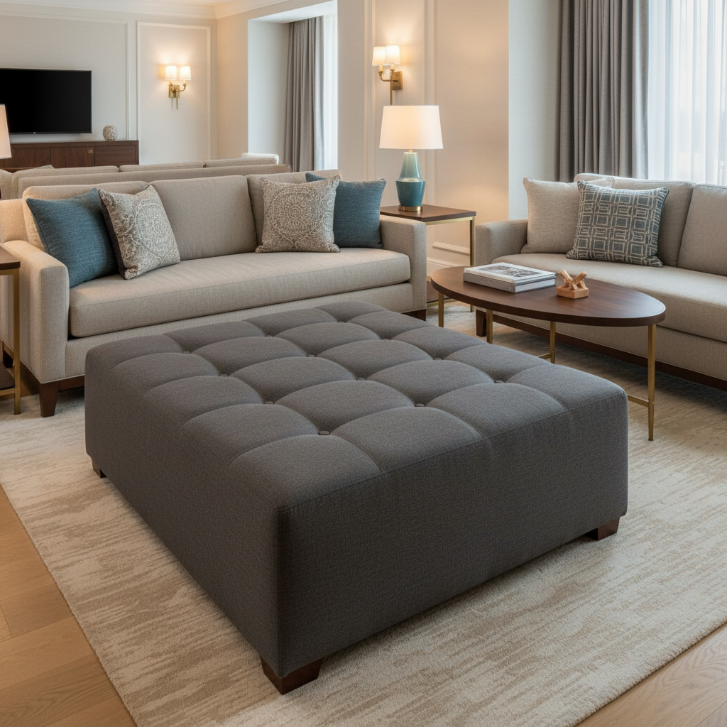 Subtle Woven Texture Dark Graphite Upholstered Ottoman | Architectural Fabrics