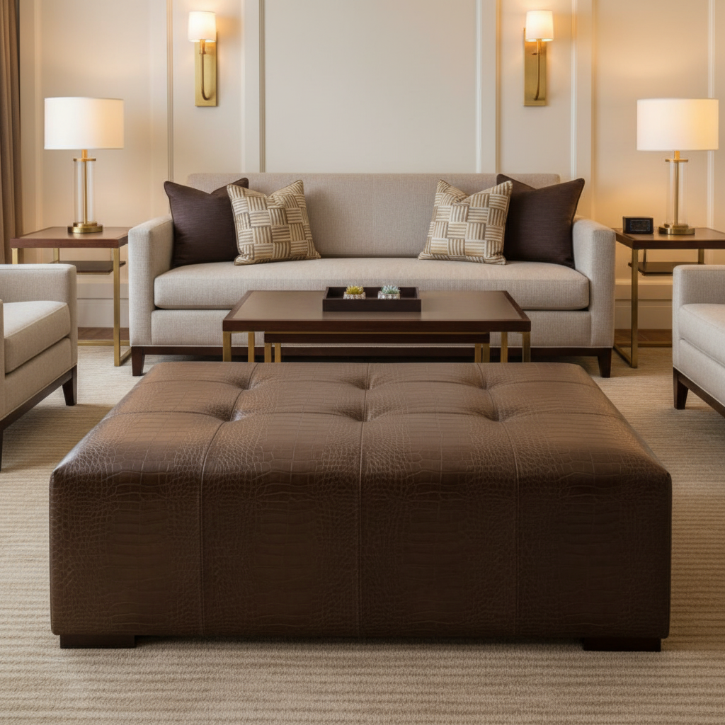 Embossed Reptile Scale Dark Chocolate Upholstered Ottoman | Architectural Fabrics