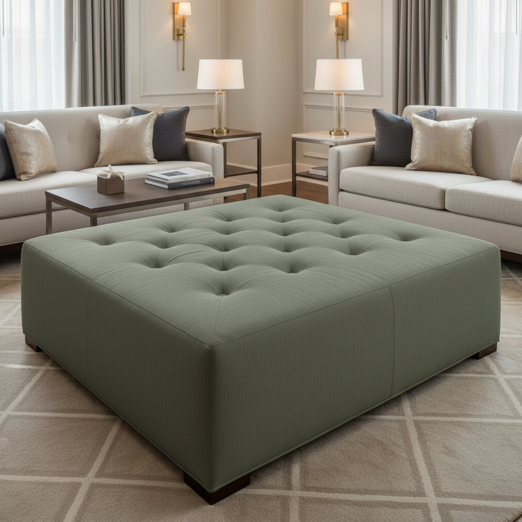 Fine Vertical Ribs Muted Olive Upholstered Ottoman | Architectural Fabrics