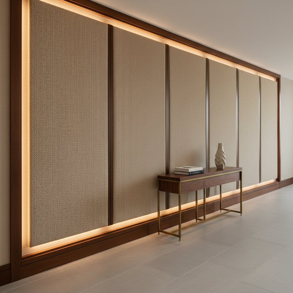 Woven Chevron Pattern Neutral Beige Upholstered Wall Panel | Architectural Fabrics